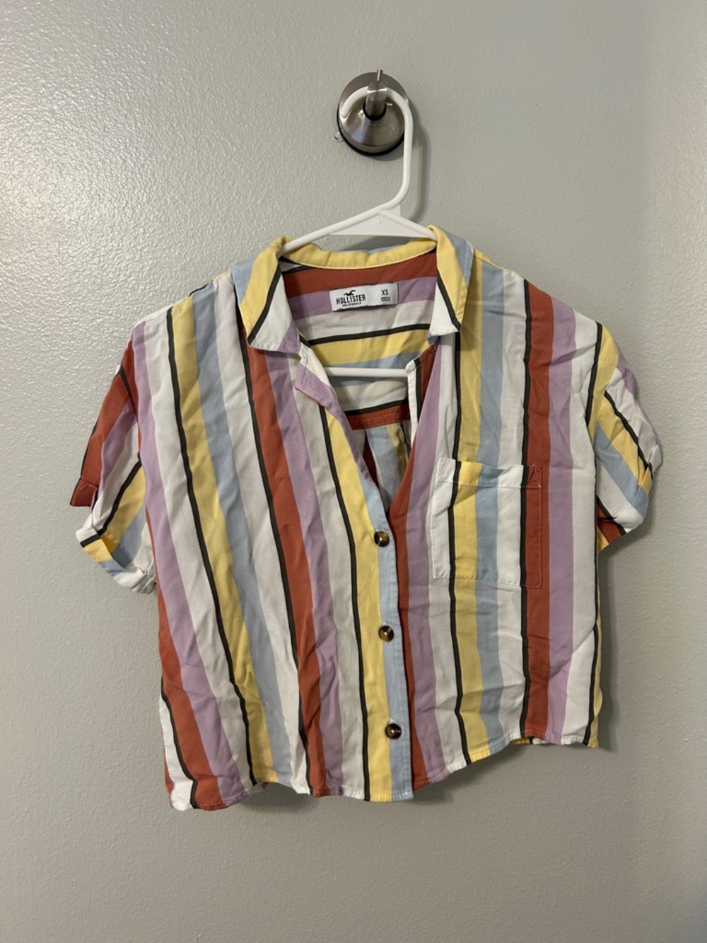 Hollister Multicolor Striped Crop Shirt - Yellow, Rust, Lavender
